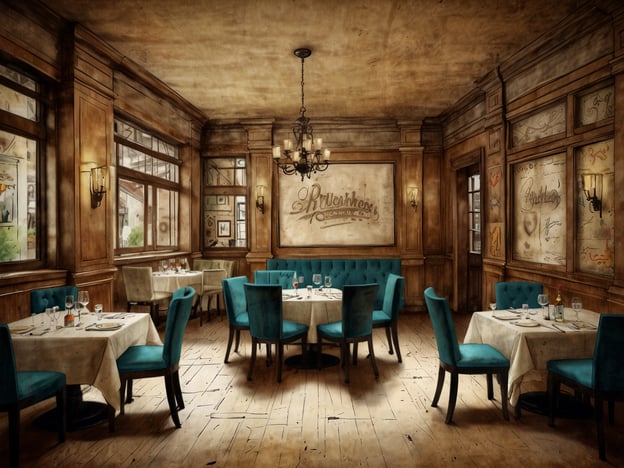 Auf dem Bild ist ein elegantes Restaurant in einem Hotel zu sehen. Die gemütliche Atmosphäre wird durch die Holzvertäfelung und die stilvollen blauen Stühle unterstrichen. Die Tische sind sorgfältig gedeckt, was auf ein gehobenes kulinarisches Erlebnis hinweist. Die sanfte Beleuchtung und die Fenster, die einen Blick nach draußen ermöglichen, schaffen eine einladende Umgebung, ideal für ein besonderes Abendessen oder eine Feier. Solche Restaurant-Erlebnisse im Hotel beinhalten oft kunstvoll zubereitete Gerichte und eine sorgfältige Weinauswahl, die den Aufenthalt unvergesslich machen.