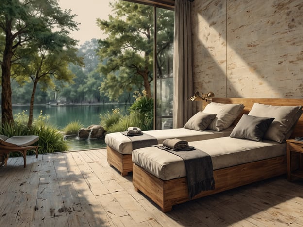 Auf dem Bild ist ein lichtdurchflutetes Zimmer zu sehen, das eine entspannende Atmosphäre ausstrahlt. Es gibt zwei einzelne Betten mit komfortablen Kissen und einer gemütlichen Decke. Die großen Fenster bieten einen herrlichen Blick auf die Natur, mit einem ruhigen Gewässer und umgebenden Bäumen.Diese Umgebung ist perfekt für Entspannung und Freizeitaktivitäten wie Lesen, Meditation oder einfach das Genießen der friedlichen Aussicht. Das harmonische Zusammenspiel von Holz und natürlichen Elementen schafft eine ideale Atmosphäre zum Entspannen und Abschalten vom Alltag.