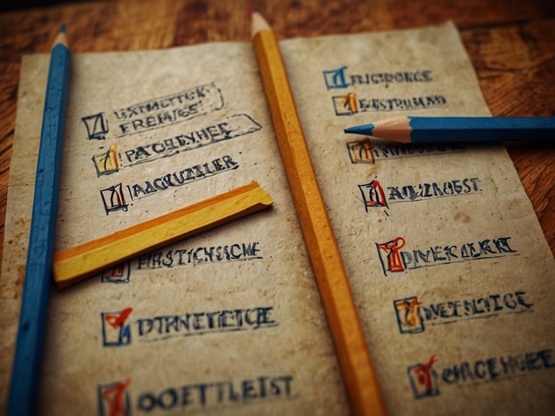 Auf dem Bild ist eine altmodische Liste zu sehen, die möglicherweise eine Art Checkliste darstellt. Sie enthält verschiedene Einträge, die abgehakt sind, was darauf hindeutet, dass Aufgaben oder Punkte erledigt wurden. Die Verwendung von bunten Bleistiften in blau und orange verleiht dem Bild eine kreative Note.In Bezug auf Servicequalität könnte man sagen, dass eine klare und strukturierte Checkliste dabei hilft, den Überblick über Aufgaben zu behalten und die Qualität des Services zu verbessern. Gästebewertungen könnten positiv ausfallen, wenn die abgehakten Punkte darauf hindeuten, dass alle wichtigen Aspekte eines Services sorgfältig abgearbeitet wurden, was zu einer hohen Kundenzufriedenheit führen kann.