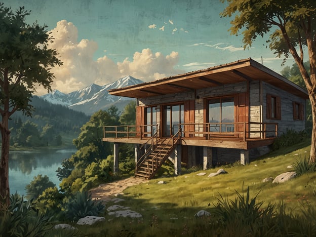 Auf dem Bild ist eine entspannende Unterbringung in traumhafter Lage zu sehen. Ein modernes Holzhaus steht malerisch am Ufer eines ruhigen Sees, umgeben von üppigen grünen Wiesen und majestätischen Bergen im Hintergrund. Die natürliche Umgebung sowie die große Fensterfront des Hauses bieten einen herrlichen Blick auf die Landschaft und laden zum Verweilen und Entspannen ein.