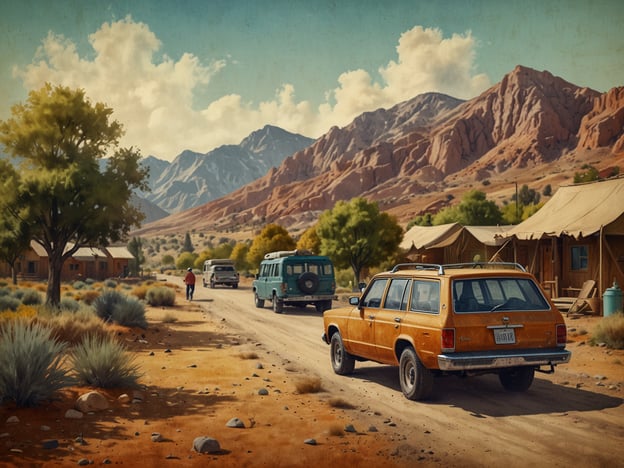 Auf dem Bild ist eine malerische Landschaft zu sehen, die von Bergen und einer Staubstraße geprägt ist. Es gibt einige Fahrzeuge, darunter einen orangen Kombi und einen grünen SUV, sowie Zeltunterkünfte auf der Seite. Die Umgebung bietet verschiedene Freizeitmöglichkeiten direkt vor der Tür, wie Wandern in den Bergen, Entdecken der Natur und möglicherweise auch Aktivitäten wie Radfahren oder Camping. Die ruhige Atmosphäre und die beeindruckende Landschaft laden dazu ein, die Zeit im Freien zu genießen.