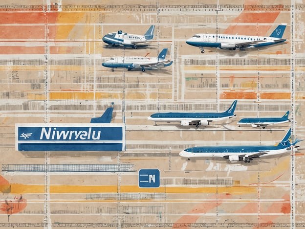 Auf dem Bild sind mehrere Flugzeuge in verschiedenen Größen und Designs abgebildet, die auf einer stilisierten Flughafen-Landebahn angeordnet sind. Im Vordergrund befindet sich ein großer blauer Schriftzug mit dem Namen einer fiktiven Fluggesellschaft, umgeben von orangefarbenen und gelben Akzenten. Die gesamte Darstellung hat einen künstlerischen, grafischen Stil, der die Thematik des Fliegens und der Luftfahrt symbolisiert.