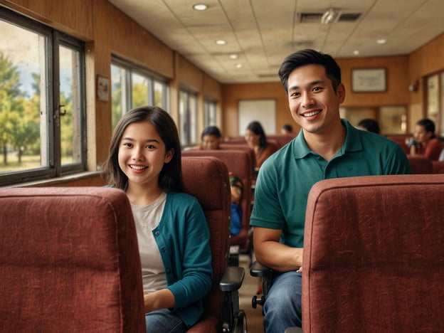 Auf dem Bild sind zwei junge Menschen in einem Innenraum zu sehen, der an die Atmosphäre eines Reisebusses oder einer ähnlichen Transportmöglichkeit erinnert. Sie lächeln und scheinen sich wohlzufühlen. Hinter ihnen sind weitere Personen zu erkennen, die ebenfalls in einem familiären Kontext angesiedelt sind. Die Umgebung wirkt freundlich und einladend, ideal für gemeinsame Erlebnisse und Freizeitaktivitäten im Resort. Die Fenster lassen Tageslicht einströmen, was das Ambiente fröhlich und lebendig erscheinen lässt.