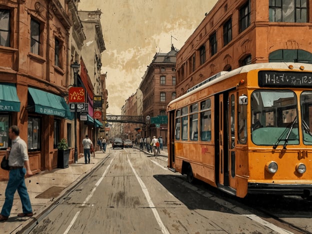 Auf dem Bild ist eine urbane Straßenszene zu sehen, die eine zentrale Lage offenbart. Die Straßen sind belebt mit Fußgängern, und ein gelber Straßenbahnwagen verleiht dem Bild eine nostalgische Atmosphäre. Die Umgebung zeigt historische Gebäude und Geschäfte, die eine gute Anbindung an den öffentlichen Nahverkehr bieten. Die Mischung aus modernen und traditionellen Elementen unterstreicht die Attraktivität dieses Stadtteils für Anwohner und Besucher.