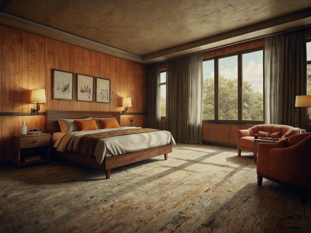 Auf dem Bild ist ein gemütliches Schlafzimmer zu sehen, das mit verschiedenen Elementen ausgestattet ist. Es gibt ein großes Bett mit einer grauen Bettdecke und orangefarbenen Kissen. An den Wänden sind Holzvertäfelungen, und die Beleuchtung wird durch zwei Wandlampen und ein Fenster mit Sicht auf die Natur unterstützt. Zu den weiteren Möbeln gehört ein Nachttisch mit einigen Gegenständen und ein bequemer Sessel in roter Farbe.
Die Vielfältigkeit der Zimmerangebote könnte eine rustikale Atmosphäre mit modernen Annehmlichkeiten umfassen, ideal für entspannende Aufenthalte. Es bietet Platz für eine romantische Auszeit oder einen ruhigen Rückzugsort.