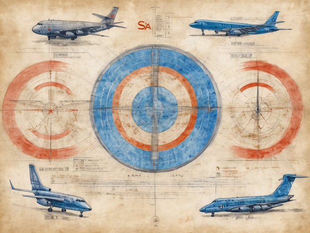 Eine technische Zeichnung von Flugzeugen auf einem antiquierten Hintergrund. In der Mitte sieht man ein Ziel mit blauen und roten konzentrischen Kreisen. Links ist ein grauer Militärjet abgebildet, oben rechts ein blauer Passagierjet, und unten rechts befindet sich ein blauer Regionaljet. Alle Flugzeuge sind detailliert skizziert, umgeben von technischen Notizen und Maßen.