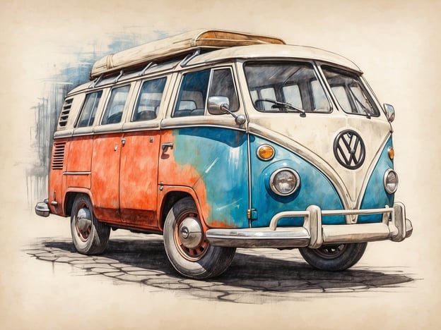 Auf dem Bild ist ein klassischer Volkswagen-Bus zu sehen, der in auffälligen Farben bemalt ist. Dieses Fahrzeug, oft als VW Bulli bezeichnet, hat eine ikonische Form und ist ein Symbol für Freiheit und Abenteuer, insbesondere in den 1960er und 70er Jahren. Er wird oft mit dem sogenannten Hippie-Lifestyle assoziiert und spielt eine bedeutende Rolle in der Popkultur, in Musik und Kunst.Die Darstellung dieses Fahrzeugs in einer künstlerischen Interpretation unterstreicht die nostalgische Wertschätzung, die vielen Menschen für diese Ära und den begleitenden Lebensstil empfindet. Solche Bilder erinnern an Reisen, Gemeinschaft und die Begeisterung für das Entdecken neuer Orte. Die Farben und der Detailreichtum verleihen dem Kunstwerk eine lebendige Ausstrahlung, die den Charme und das Erbe dieses zeitlosen Klassikers einfängt.