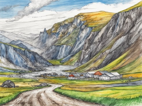 Eine beeindruckende Landschaft in Island, die ein malerisches Tal mit sanften grünen Hügeln und steilen, felsigen Bergen zeigt. Im Vordergrund schlängelt sich ein schmaler, unbefestigter Weg durch die Szenerie. Auf der rechten Seite sind einige traditionelle, weiße und rote Häuser zu sehen, die sich harmonisch in die Umgebung einfügen. Der wolkenverhangene Himmel und die majestätischen Berge im Hintergrund verleihen dem Bild eine dramatische Atmosphäre, während der ruhige Fluss, der durch das Tal fließt, ein Gefühl von Frieden und Abgeschiedenheit vermittelt.
