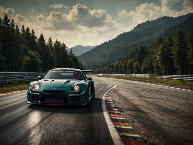 Auf dem Bild ist ein sportliches Auto zu sehen, das auf einer Rennstrecke fährt. Die Szenerie ist von einer malerischen Landschaft mit Bergen und Wäldern umgeben. Diese Umgebung erinnert an die Toplage am Nürburgring – ein absoluter Hotspot für Motorsport-Enthusiasten. Die Kombination aus leistungsstarkem Fahrzeug und atemberaubender Natur schafft eine aufregende Atmosphäre.