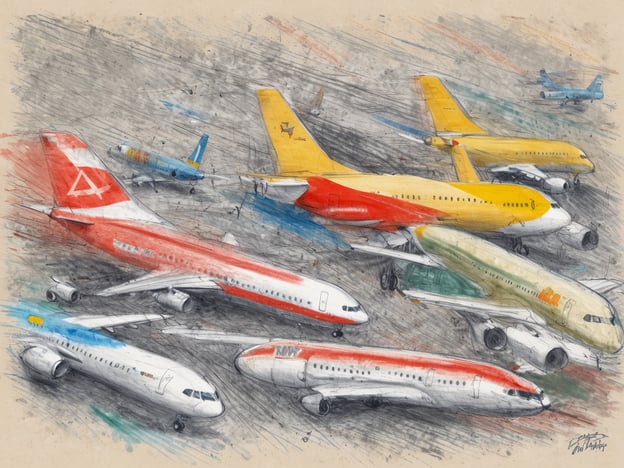Auf dem Bild sind mehrere Flugzeuge in verschiedenen Farben zu sehen, die auf einem Flughafen angeordnet sind. Im Vordergrund stehen große Maschinen mit rot-weißen und gelb-grünen Lackierungen. Im Hintergrund sind weitere Flugzeuge in verschiedenen Farbvariationen zu erkennen. Die Darstellung vermittelt ein Gefühl von Reaktivität und Bewegung, was durch die dynamische Skizzentechnik unterstrichen wird.