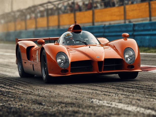 Auf dem Bild ist ein orangefarbener Rennwagen zu sehen, der auf einer Rennstrecke fährt. Die Umgebung wirkt dynamisch, mit Spritzern von Schmutz und einem verschwommenen Hintergrund, der auf hohe Geschwindigkeiten hinweist. Solche Fahrzeuge sind häufig bei Veranstaltungen wie der 24 Stunden von Le Mans oder klassischen Automobilrennen zu sehen. Der Rennwagen könnte Teil eines Geschwindigkeitswettbewerbs, einer Meisterschaft oder eines Showevents sein, wo die Vergangenheit von Rennsportikonen gefeiert wird. Die Atmosphäre ist geprägt von Aufregung und Leidenschaft für den Rennsport.