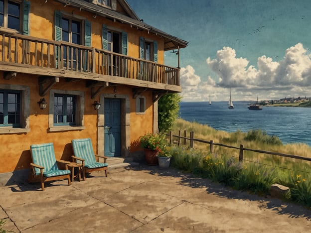 Auf dem Bild ist eine einladende, maritim inspirierte Kulisse zu sehen, die den Charme der Küste mit rheinhessischer Gemütlichkeit verbindet. Ein farbenfrohes, gelbes Haus mit blauen Fensterläden steht am Ufer, umgeben von blühenden Pflanzen. Zwei entspannte Liegestühle laden dazu ein, die Aussicht auf das ruhige Wasser und die vorbeifahrenden Segelboote zu genießen. Diese Szenerie strahlt eine entspannte Atmosphäre aus und vermittelt ein Gefühl von Willkommen-Sein, das typisch für die Rheinhessische Gastfreundschaft ist. Das Zusammenspiel von Natur und Architektur lädt dazu ein, den Alltag hinter sich zu lassen und sich zu entspannen.