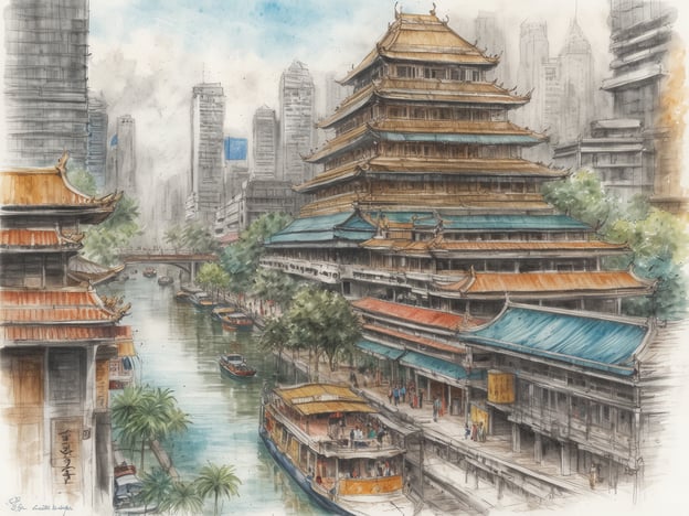 Eine malerische Ansicht eines Kanals in einer modernen Stadt, umgeben von Wolkenkratzern. Im Vordergrund sind traditionelle Gebäude mit bunten Dächern und stilvollen Verzierungen zu sehen. Einige Boote fahren gemächlich auf dem Wasser, während Menschen entlang des Ufers schlendern. Die Szenerie verbindet alte Architektur mit der modernen städtischen Umgebung und strahlt eine harmonische Atmosphäre aus.