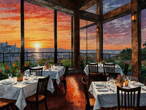 Auf dem Bild ist ein einladendes Restaurant mit Tischen, die auf eine malerische Aussicht zum Meer und zum Sonnenuntergang ausgerichtet sind. Die warmen Farben des Sonnenuntergangs schaffen eine romantische und entspannende Atmosphäre, ideal für kulinarische Erlebnisse. Die Tischdecken sind weiß und die Tische sind sorgfältig gedeckt mit Geschirr und Gläsern, was auf eine hochwertige Gastronomie hindeutet. Die Blumen auf den Tischen und der Blick auf die umliegende Landschaft tragen dazu bei, die Gäste in eine angenehme Stimmung zu versetzen, die perfekt für ein genussvolles Abendessen im hoteleigenen Restaurant ist.