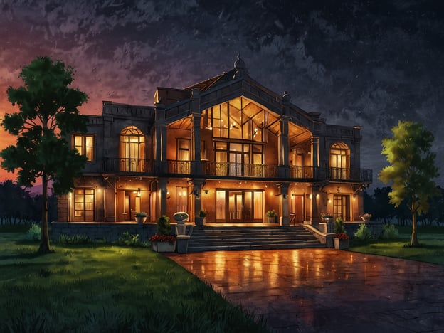 Auf dem Bild ist ein beeindruckendes Gebäude zu sehen, das an einem malerischen Abend beleuchtet ist. Diese Architektur könnte sich hervorragend für Tagungen und Events in einzigartigem Ambiente eignen. Die große Fassade mit den vielen Fenstern, die das warme Licht ausstrahlen, schafft eine einladende Atmosphäre. Die Umgebung ist ruhig, mit Rasenflächen und einigen Bäumen, die den Charakter des Ortes unterstreichen. Ein solches Setting wäre ideal für festliche Anlässe, Hochzeiten oder geschäftliche Veranstaltungen, die einen besonderen Rahmen erfordern.
