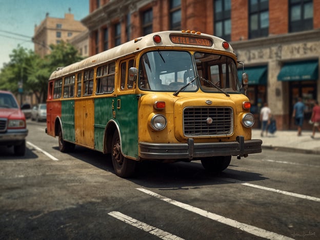 Auf dem Bild ist ein nostalgischer, farbenfroher Omnibus zu sehen, der auf einer Stadtstraße fährt. Die praktische Anreise mit diesem Bus ermöglicht es den Fahrgästen, mühelos verschiedene Ziele in der Stadt zu erreichen. Zudem bietet die perfekte Lage der Haltestellen eine ideale Anbindung an Geschäfte und Freizeitaktivitäten in der Umgebung.