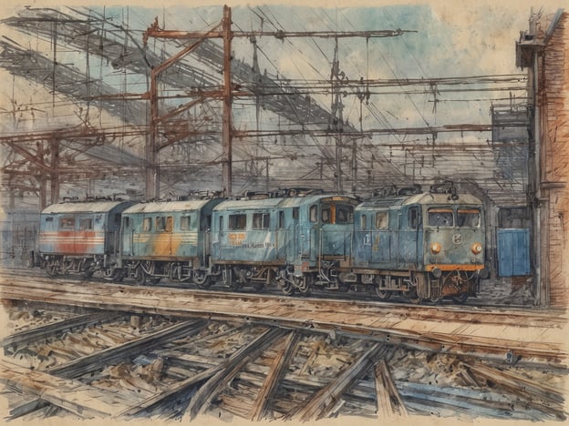 Auf dem Bild sind mehrere alte Lokomotiven auf einem Bahnhofsareal zu sehen. Die Lokomotiven stehen auf Schienen, umgeben von elektrischen Oberleitungen und Pfosten. Der Hintergrund ist von einem wolkigen Himmel geprägt, während die bahntypischen Strukturen und das Gleisbett im Vordergrund sichtbar sind. Die Farbpalette des Bildes ist in sanften Blau- und Erdtönen gehalten, was eine nostalgische Atmosphäre erzeugt.