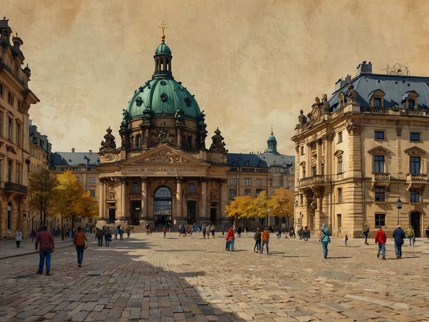 Auf dem Bild ist eine zentrale Lage im Herzen Dresdens zu sehen. Der markante Bau mit der grünen Kuppel könnte eine Kirche oder ein historisches Gebäude sein, umgeben von weiteren architektonisch ansprechenden Gebäuden. Es sind viele Menschen auf dem Platz zu sehen, die sich dort bewegen, sowie Bäume, die dem Bild eine herbstliche Atmosphäre verleihen.