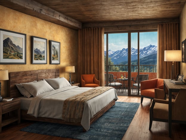 Auf dem Bild ist ein gemütliches Schlafzimmer zu sehen, das in einem rustikalen Stil eingerichtet ist. Es gibt ein großes Bett mit weichen Kissen und einer Decke. An der Wand hängen drei Bilder von Landschaften, und das Zimmer hat große Fenster, die einen Blick auf Berglandschaften bieten. Es gibt auch einen kleinen Balkon mit Sitzmöglichkeiten und einen Schreibtisch mit einer Lampe. Die warmen Farbtöne und die Holzelemente schaffen eine einladende und komfortable Atmosphäre, die für jeden Anspruch geeignet ist.