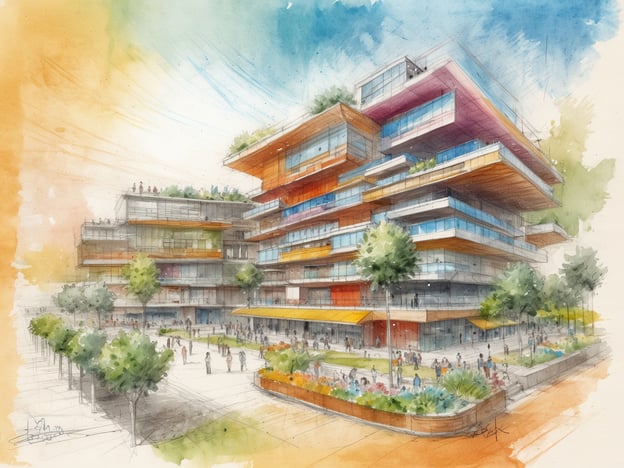 Eine moderne Architekturzeichnung eines Gebäudekomplexes, der aus mehreren übereinander gestapelten und versetzten Baukörpern besteht. Die Fassaden sind größtenteils aus Glas und Holz, mit bunten Akzenten in Rot und Orange. Um das Gebäude herum sind grüne Bäume und Blumenbeete angeordnet, und es sind Menschen zu sehen, die sich in der Umgebung bewegen. Die Zeichnung vermittelt eine helle, freundliche Atmosphäre und zeigt eine harmonische Verbindung von Wellness und Gastgewerbe. Der Himmel ist in warmen Gelb- und Blautönen gehalten, was die positive Stimmung unterstreicht.