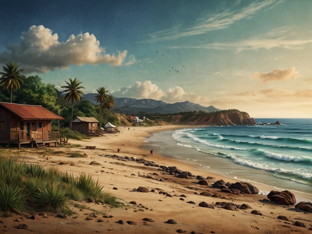 Auf dem Bild ist eine idyllische Küstenlandschaft mit einem Strand zu sehen. Die sanften Wellen, die auf den Sand treffen, laden zu einem entspannenden Bad im Meer ein. Die Palmen bieten einen schattigen Platz, um sich zu entspannen und die Natur zu genießen.Freibad- oder Strandaktivitäten wie Schwimmen und Muschelsammeln sind möglich. Außerdem bietet die malerische Umgebung eine perfekte Kulisse für Spaziergänge am Strand oder entspannte Picknicks. Die Hütten im Hintergrund schaffen eine gemütliche Atmosphäre, und die bunten Wolken am Himmel vermitteln ein Gefühl von Ruhe und Frieden, ideal für Freizeitaktivitäten oder einfach zum Abschalten.
