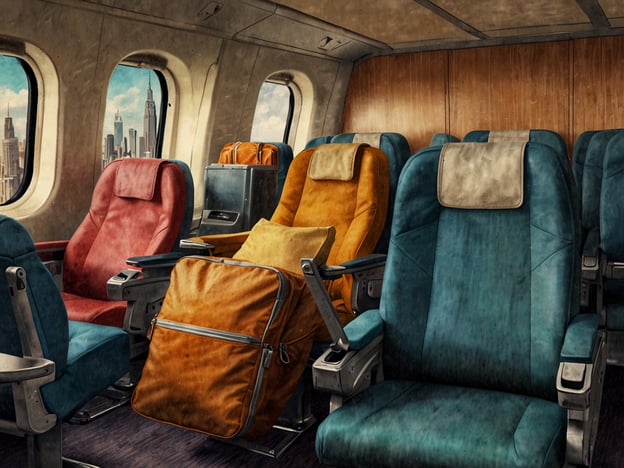 Auf dem Bild sind leere Flugzeugsitze zu sehen, die unterschiedlich farbig gestaltet sind. Im Hintergrund sind große Fenster, durch die man eine Stadtlandschaft mit hohen Gebäuden sehen kann.Für Geschäftsreisende könnten folgende Serviceangebote interessant sein:1. **Priority Check-in**: Schnellere Abfertigung am Flughafen.2. **Lounge-Zugang**: Entspannung in einer komfortablen Umgebung vor dem Flug.3. **Wi-Fi an Bord**: Für ungestörtes Arbeiten während des Fluges.Für Touristen bieten sich diese Services an:1. **Reiseleitung**: Unterstützung bei der Planung von Aktivitäten und Sehenswürdigkeiten.2. **Reiseversicherungen**: Schutz gegen unerwartete Ereignisse.3. **Transferservice**: Bequeme Fahrt vom Flughafen zu Hotels oder Attraktionen.