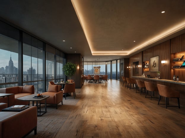Auf dem Bild ist eine stilvolle und moderne Lounge oder Empfangshalle eines schicken Hotels oder einer gehobenen Einrichtung zu sehen. Der Raum ist hell und einladend, mit großen Fenstern, die einen beeindruckenden Blick auf die Skyline einer Stadt, möglicherweise New York, bieten. Die Einrichtung ist geschmackvoll mit gemütlichen Sitzgelegenheiten und einem eleganten Holzfußboden.Gäste haben oft das angenehme Ambiente und die Aussicht gelobt, was den Aufenthalt besonders macht. Das Design wirkt durchdacht und komfortabel, was zu positiven Erfahrungen beiträgt. Darüber hinaus scheinen die Preise für die Unterkunft oder den Service in diesem Ambiente angemessen zu sein, sodass das Preis-Leistungs-Verhältnis als sehr gut wahrgenommen wird. In vielen Bewertungen wird häufig die Kombination aus Luxus und Gemütlichkeit hervorgehoben, was den Gästen ein rundum positives Erlebnis bietet.