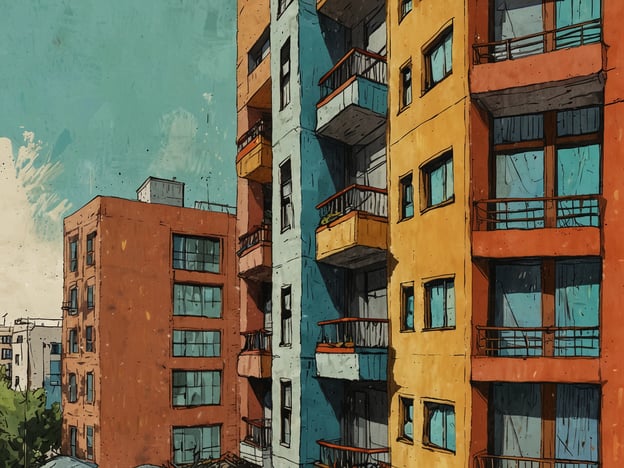 Auf dem Bild sind moderne Wohngebäude zu sehen, die in lebhaften Farben gestaltet sind. Diese modernen Unterkünfte im Herzen von Leipzig bieten eine urbane Atmosphäre mit Balkonen und großen Fenstern, die viel Licht hereinlassen. Die stilisierte Darstellung vermittelt einen zeitgemäßen Eindruck dieser Wohnanlagen.