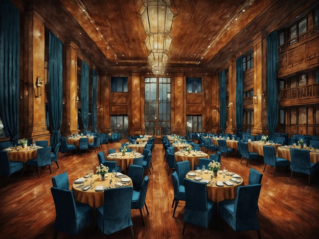 Auf dem Bild ist ein eleganter Veranstaltungsraum zu sehen, der sich gut für verschiedene Anlässe eignet. Der Raum verfügt über stilvolle Tische mit goldenen Tischdecken und blauen Stühlen, die ein angenehmes Ambiente schaffen. Die Fenster lassen viel Licht herein und die Wände sind mit Holzpanelen und Vorhängen dekoriert, was dem Raum eine luxuriöse Note verleiht.Dieser Raum wäre ideal für Hochzeiten, formelle Abendessen, Galas oder Konferenzen. Die Atmosphäre ist einladend und eignet sich perfekt für jedes Event, bei dem eine festliche oder gehobene Stimmung gewünscht ist.