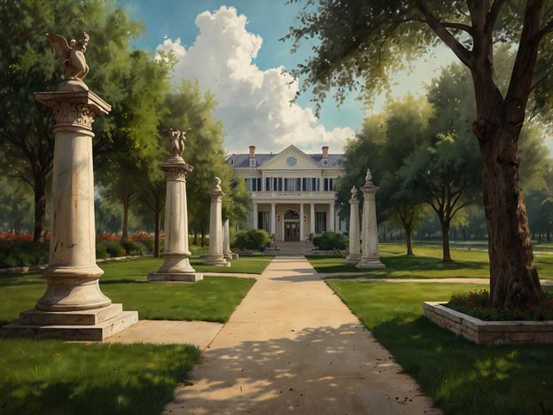 Auf dem Bild ist eine malerische Ansicht eines prächtigen Herrenhauses zu sehen, umgeben von einer gepflegten Parklandschaft. Der Weg führt durch eine Reihe von stilvollen Säulen, die mit kunstvollen Skulpturen verziert sind. Die üppige Vegetation und die klaren Himmel verleihen der Szene eine ruhige und harmonische Atmosphäre, die an die romantischen Landschaftsmalereien des 18. und 19. Jahrhunderts erinnert. Solche Darstellungen finden sich häufig in den Werken von Malern wie Claude Lorrain oder Thomas Cole, die oft die Schönheit der Natur und beeindruckende Architektur in ihren Bildern festhielten.
