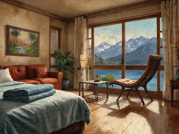 Auf dem Bild ist ein gemütliches Zimmer zu sehen, das viel Licht durch große Fenster empfängt. Der Raum ist mit einem bequemen Sofa, einem Stuhl und einem kleinen Tisch eingerichtet. Der Blick aus dem Fenster zeigt eine beeindruckende Berglandschaft mit einem Gewässer im Vordergrund. Die warmen Farben und die angenehme Einrichtung laden zu einem Aufenthalt voller Entspannung im Veduta Spa ein.