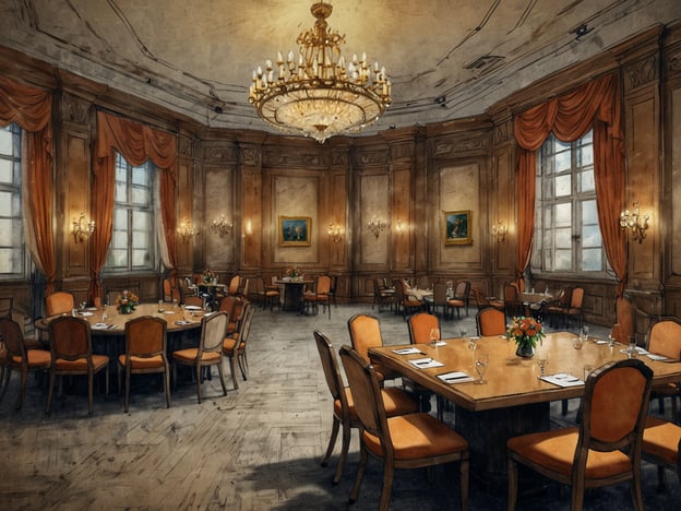 Auf dem Bild ist ein eleganter Veranstaltungsraum im Dorint Parkhotel zu sehen, der sich ideal für geschäftliche Veranstaltungen und Feiern eignet. Der Raum ist geschmackvoll eingerichtet mit runden und rechteckigen Tischen, die für Tagungen oder Bankette vorbereitet sind. Die warmen Farbtöne und die stilvollen Fenster mit Vorhängen sowie die ansprechende Beleuchtung durch einen Kronleuchter verleihen dem Raum eine hochwertige Atmosphäre. Die Blumenarrangements auf den Tischen betonen die Eleganz des Settings, was ihn zu einem perfekten Ort für berufliche Treffen, Hochzeiten oder andere Feierlichkeiten macht.