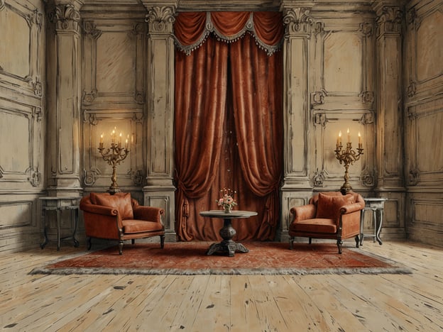Auf dem Bild ist ein eleganter Raum zu sehen, der von historischem Luxus und Komfort geprägt ist. Die Wände sind kunstvoll gestaltet, während die opulenten roten Vorhänge und die stilvollen Möbel ein Gefühl von Wärme und Gastfreundschaft vermitteln. Die gemütlichen Sessel laden zum Entspannen ein und die feinen Details, wie der elegante Tisch und die schön dekorierte Blumenarrangement, verleihen dem Raum eine edle Atmosphäre. Die vergoldeten Kerzenständer sorgen für ein romantisches Licht und unterstreichen das luxuriöse Ambiente dieses historischen Raumes.
