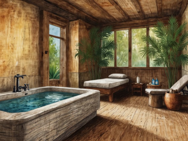 Auf dem Bild ist ein stilvoll eingerichteter Raum zu sehen, der ideal für Entspannung und Wellness im Vital-Club geeignet ist. Es gibt eine große Badewanne, die mit Wasser gefüllt ist, und mehrere Ruheliegen, die zur Erholung einladen. Die Wände sind aus Holz, und große Fenster lassen viel Tageslicht herein, was eine beruhigende Atmosphäre schafft. Grüne Pflanzen tragen zur natürlichen und entspannenden Stimmung bei. Dieser Raum eignet sich perfekt für eine Auszeit, um Körper und Geist zu regenerieren.