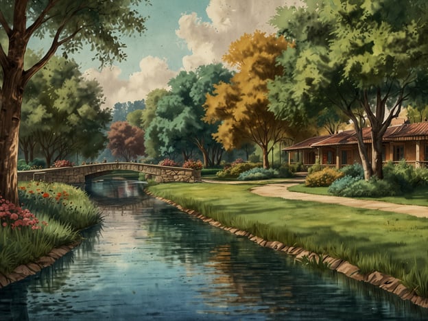 Auf dem Bild ist eine malerische Landschaft zu sehen, die zur Entspannung einlädt. In der Szenerie gibt es einen ruhigen Fluss, der sanft fließt, umgeben von üppigem Grün und bunten Blumen. Ein kleiner Steinbogenbrücke führt über das Wasser, während am Ufer Bäume in verschiedenen Farbtönen stehen. Die Umgebung strahlt eine friedliche Atmosphäre aus, die typisch für entspannende Orte in der Natur ist. Stellen Sie sich vor, Sie spazieren durch solche grüne Oasen im Herzen von Magdeburg.