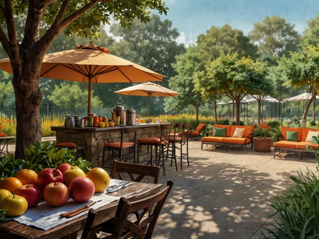 Auf dem Bild ist eine einladende Atmosphäre im Parkrestaurant DIE SAISON zu sehen. Es zeigt einen sonnigen Außenbereich mit gemütlichen Tischen und Stühlen, die unter bunten Sonnenschirmen stehen. Auf einem Tisch sind verschiedene frische Früchte wie Äpfel und oranges zu sehen, die das kulinarische Erlebnis bereichern. Die Grünflächen sind gepflegt und mit bunten Blumen gesprengt, was den perfekten Rahmen für entspannte Mahlzeiten im Freien bietet. Gäste können hier die frische Luft genießen und exquisite Gerichte der Saison erleben, während sie sich in einer schönen Umgebung entspannen.