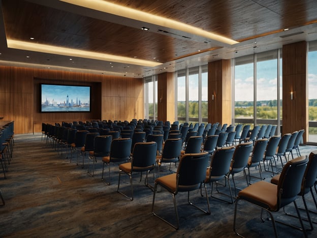 Auf dem Bild ist ein heller, moderner Konferenzraum zu sehen. Der Raum ist mit Stuhlreihen ausgestattet, die auf eine große Bildschirmfläche ausgerichtet sind. Die Wände sind mit Holz verkleidet, und große Fenster ermöglichen einen Blick ins Freie, wodurch viel natürliches Licht hereinfällt.Im Dorint Herrenkrug stehen Tagungs- und Kongressmöglichkeiten zur Verfügung, die diesen Raum ideal für Veranstaltungen machen. Der Raum kann für unterschiedliche Formate genutzt werden, sei es für Seminare, Workshops oder Firmenveranstaltungen. Die moderne Ausstattung und das gemütliche Ambiente fördern eine produktive Atmosphäre. Weitere Annehmlichkeiten, wie technischer Support und Catering-Optionen, tragen zur erfolgreichen Durchführung von Veranstaltungen bei.