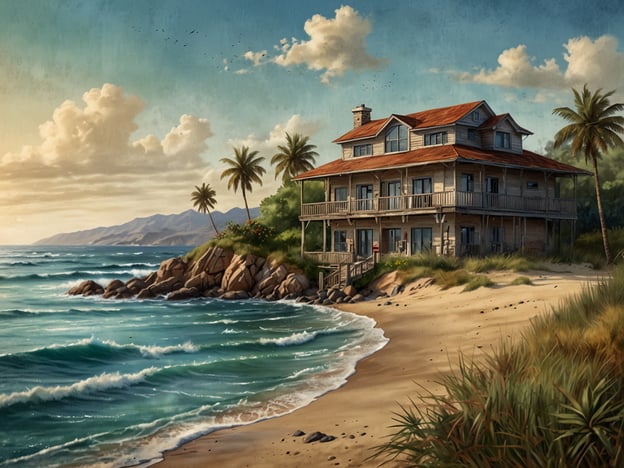 Auf dem Bild ist ein beeindruckendes Haus zu sehen, das sich in einer traumhaften Lage direkt am Meer befindet. Es gibt einen schönen Zugang zum Strand, umgeben von sanften Wellen und Palmen. Die Aussicht auf die Berge im Hintergrund ergänzt die malerische Szenerie perfekt.
