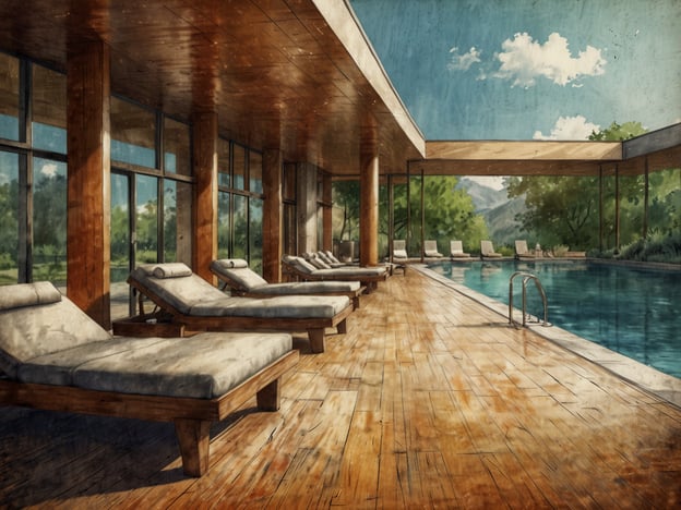 Auf dem Bild ist eine stilvolle Wellness- und Spa-Landschaft zu sehen. Es zeigt einen großzügigen Poolbereich, der von großen Fenstern umgeben ist, durch die viel natürliches Licht strömt. Auf der Holzterrasse stehen bequeme Liegen, die zum Entspannen einladen. Die Umgebung ist grün und naturnah, was zur entspannenden Atmosphäre beiträgt. Das gesamte Ambiente spricht für ein umfangreiches Wellness- und Spa-Angebot, das Ruhe, Erholung und ein luxuriöses Erlebnis verspricht. Hier könnte man verschiedene Anwendungen und Behandlungen genießen, während man die friedliche Aussicht auf die Natur wertschätzt.