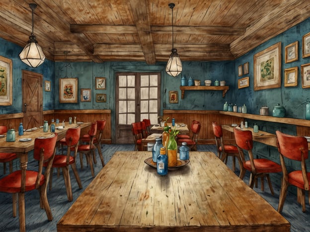 Auf dem Bild ist ein gemütliches Restaurant oder eine Essensstätte in einem Resort zu sehen. Die warmen Holztöne und die blauen Wände schaffen eine einladende Atmosphäre, die perfekt für kulinarische Erlebnisse ist.
Die Tische sind rustikal und aus Holz, mit roten Stühlen, die einen Hauch von Tradition bringen. Die dekorativen Elemente an den Wänden und die liebevoll platzierten Flaschen auf den Tischen deuten darauf hin, dass hier lokale Zutaten und Spezialitäten angeboten werden könnten.
In einem solchen Ambiente können Gäste sicherlich unvergessliche Geschmackserlebnisse genießen, sei es bei einem reichhaltigen Frühstück, einem gemütlichen Mittagessen oder einem feinen Abendessen. Die Kombination aus ansprechendem Design und einer ausgefallenen Speisekarte verspricht Genuss in einer entspannten Umgebung.