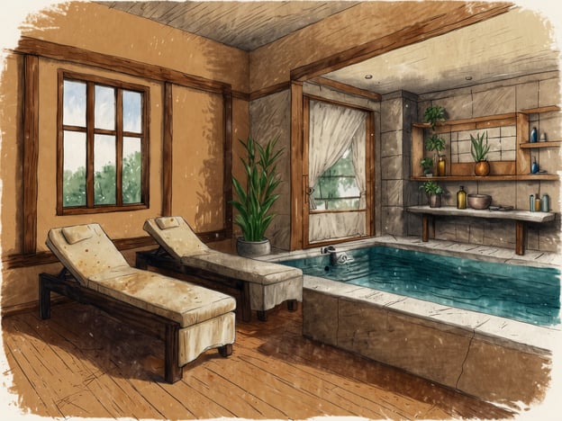 Auf dem Bild ist ein gemütlicher Spa-Bereich zu sehen, der zur Entspannung einlädt. Es gibt zwei Liegen mit Kissen, die zum Relaxen einladen. In der Ecke befindet sich ein kleiner Pool, dessen Wasser sanft plätschert. Die großen Fenster lassen Tageslicht herein und bieten einen Blick auf die grüne Natur draußen. Pflanzen und dekorative Elemente sorgen für eine beruhigende Atmosphäre, die ideal ist, um abzuschalten und die Seele baumeln zu lassen.