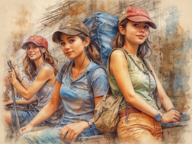 Drei junge Frauen sitzen entspannt und freundlich auf einer Holzbank. Sie tragen lässige Kleidung und Kappen, während sie mit Rucksäcken und Wanderstöcken ausgestattet sind. Die Atmosphäre vermittelt ein Gefühl von Abenteuer und Freundschaft. Im Hintergrund sind verschwommene, abstrakte Farben zu sehen, die die Szene lebendig wirken lassen. Die Frauen schenken dem Betrachter interessiertes und fröhliches Lächeln.