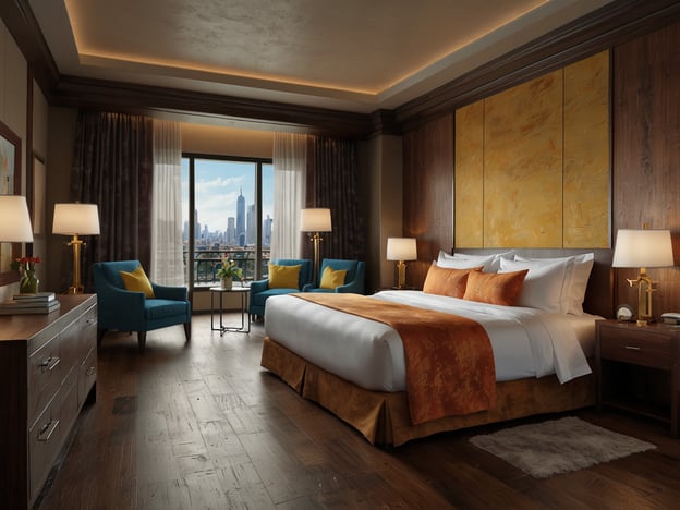 Auf dem Bild ist ein stilvolles Hotelzimmer zu sehen. Es ist hell und modern gestaltet, mit einem komfortablen Doppelbett, das mit eleganter Bettwäsche ausgestattet ist. Neben dem Bett stehen Nachttische mit Lampen, die eine gemütliche Atmosphäre schaffen.
Im Raum finden sich zwei bequeme Sessel in einem lebhaften Blau, die um einen kleinen Tisch gruppiert sind. Ein schönes Arrangement mit Blumen auf dem Tisch bringt einen Hauch von Farbe und Frische. Große Fenster bieten nicht nur viel Tageslicht, sondern auch einen beeindruckenden Blick auf die Stadt.
Die Möbel sind aus edlem Holz gefertigt, und der Fußboden aus hochwertigen Dielen verleiht dem Raum eine warme und einladende Note.
Zusätzlich können Annehmlichkeiten wie WLAN, Minibar und Zimmerservice erwartet werden, um den Aufenthalt der Gäste zu bereichern und ihren Komfort zu maximieren.