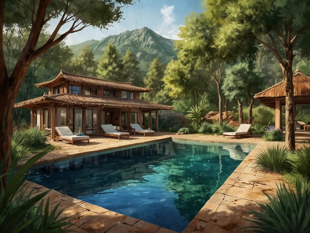 Auf dem Bild ist eine idyllische Poollandschaft mit einem asiatisch inspirierten Gebäude zu sehen, umgeben von üppigem Grün und Bäumen. Die entspannenden Liegen am Pool laden dazu ein, die Natur zu genießen und sich zu erholen – genau das, was man sich in einem Wellness- und Erholungsbereich im Dorint Hotel wünscht. Diese ruhige Atmosphäre schafft den perfekten Ort, um den Alltagsstress hinter sich zu lassen und neue Energie zu tanken.