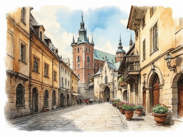 Auf dem Bild ist eine malerische Straße in Krakau zu sehen, die von historischen Gebäuden gesäumt wird. Im Hintergrund erhebt sich ein prächtiger Turm, der vermutlich zur Wawel-Kathedrale gehört, einem bedeutenden Symbol der polnischen Geschichte. Diese Kathedrale ist nicht nur ein architektonisches Meisterwerk, sondern auch das traditionelle Begräbnisstätte polnischer Könige.Krakau hat eine reiche Geschichte, die bis ins Mittelalter zurückreicht und sie war einst die königliche Hauptstadt Polens. Die alte Stadt zieht Besucher mit ihren gut erhaltenen Gebäuden, charmanten Gassen und kulturellem Erbe an. Die dichte Ansiedlung von Geschäften und Cafés zeugt von der lebendigen Atmosphäre, die die Stadt bietet.