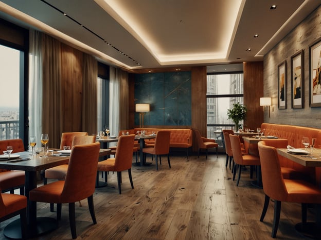 Auf dem Bild ist ein modernes Restaurant zu sehen. Es gibt elegante Tische mit Stühlen in einem warmen Orange-Ton, sowie eine gemütliche Atmosphäre mit Holz- und Kühlelementen. Die großen Fenster lassen viel Tageslicht herein und bieten einen Blick nach draußen. Die Beleuchtung ist atmosphärisch, und die Einrichtung vermittelt ein Gefühl von Komfort und Stil, was zu einem angenehmen Aufenthalt beiträgt. Die Tische sind gedeckt und bereit für Gäste, was auf einen einladenden Service hindeutet.