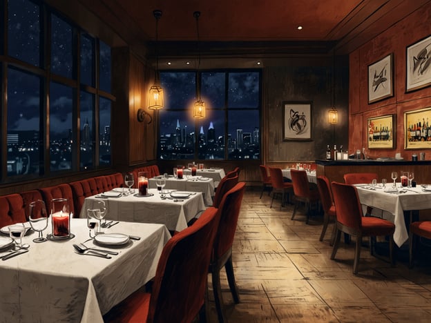Auf dem Bild ist ein elegantes Restaurant zu sehen, das durch seine stilvolle Einrichtung und das gesellige Ambiente besticht. Die rot gepolsterten Bänke und die gedeckten Tische mit Kerzenlicht schaffen eine warme und einladende Atmosphäre. Der Blick aus den Fenstern bietet eine wunderschöne Aussicht auf die Stadt bei Nacht, was das kulinarische Erlebnis zusätzlich bereichert. Hier könnte man in entspannter Gesellschaft exquisite Speisen genießen und besondere Momente teilen.