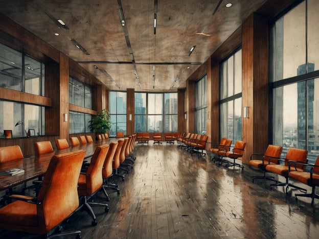 Auf dem Bild ist ein großzügiger Konferenzraum zu sehen. Es gibt moderne Möbel, darunter einen langen Tisch und viele orangefarbene Stühle. Große Fenster ermöglichen einen Blick auf die Stadt. Der Raum scheint gut beleuchtet und einladend zu sein. Dies könnte der perfekte Ort für Geschäft und Tagungen sein, da er eine professionelle und inspirierende Atmosphäre bietet.
