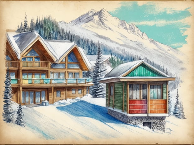 Eine alpine Landschaft mit einem modernen Holzhaus, das schneebedeckte Balkone und große Fenster hat. Daneben steht ein kleinerer, bunt gestrichener Holzbungalow auf einem Steinsockel. Im Hintergrund erhebt sich eine majestätische Bergkette, die mit einem weißen Schneebedeckung versehen ist. Nadelbäume umgeben die Häuser und verleihen der Szene ein winterliches Flair. Der Himmel ist hellblau mit einigen Wolken und strahlendem Licht.