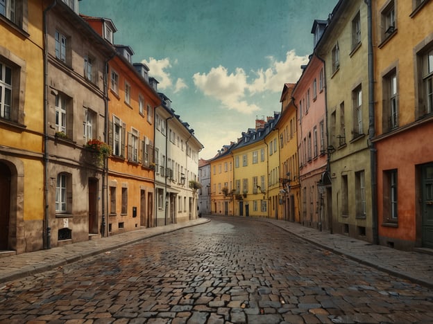 Auf dem Bild ist eine malerische Straßenansicht zu sehen, die perfekt für den historischen Stadtkern von Weimar geeignet wäre. Die schmalen, gepflasterten Straßen sind von farbenfrohen, gut erhaltenen Gebäuden gesäumt, die verschiedene warme Farbnuancen aufweisen. Diese Szenerie vermittelt eine einladende und charmante Atmosphäre, die typisch für die Architektur in Weimar ist. Der Himmel mit einigen Wolken verleiht dem Bild eine angenehme Lichtstimmung, während die Häuser durch Fenster und Pflanzen geschmückt sind, was den Charakter der Stadt unterstreicht.